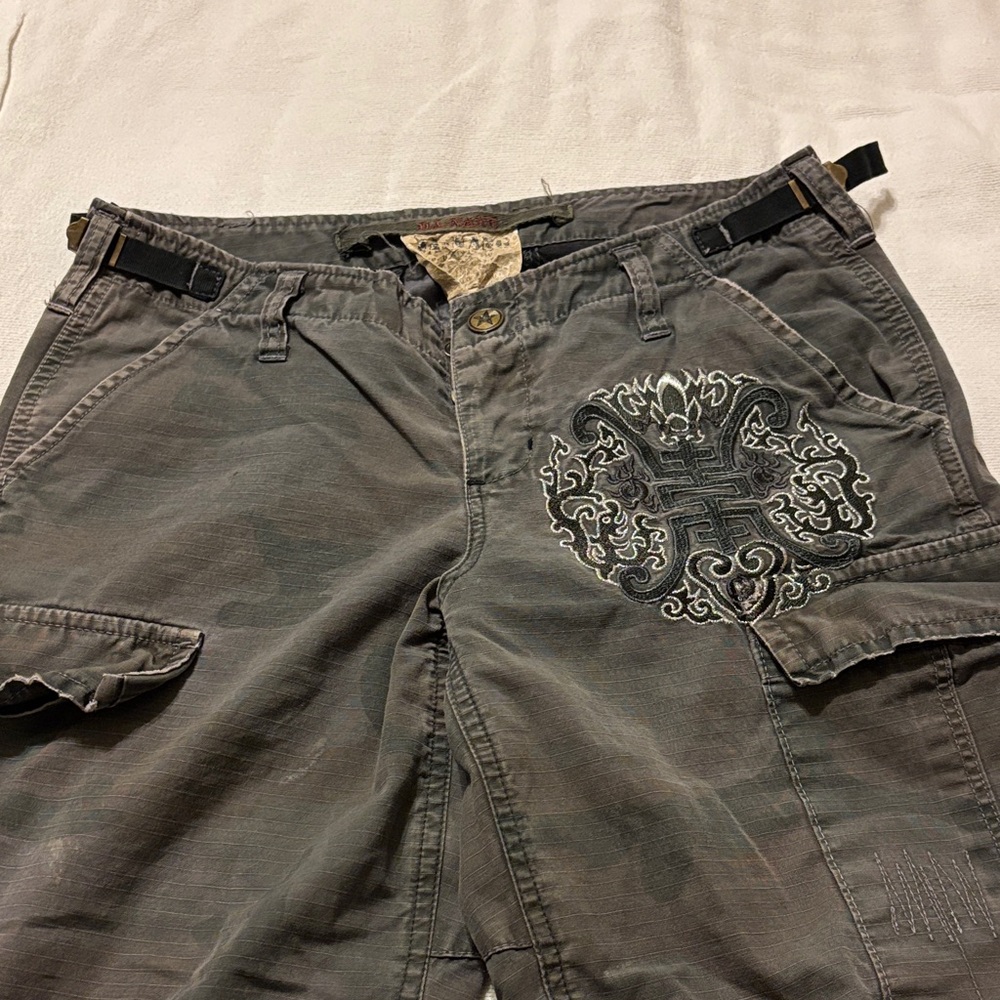Gray Cargo Pants with Embroidered Design